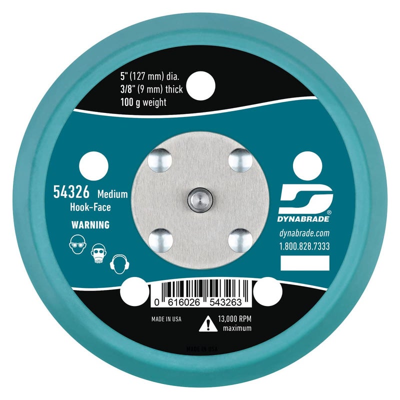 Dynabrade (54326) 5" (127 mm) Diameter Hook-Face Vacuum Sanding Disc Pad, Short Nap, Teal | 3/8" (10 mm) Thick Urethane Medium Density, Swirl-Free Finish, 5/16"-24 Male Thread - Image 1